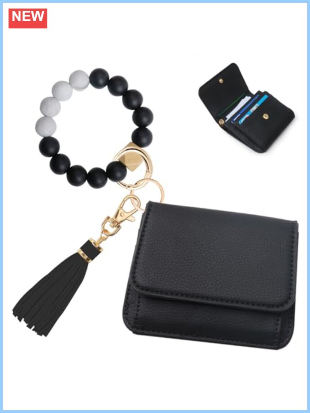 RFID Wristlet Wallet Keychain Beaded Strap Microfiber Leather